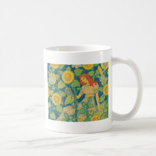 Mug Femme-fille de fleurs dans le jardin de tournesol