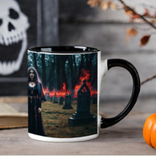 Mug Femme gothique dans un cimetière en feu