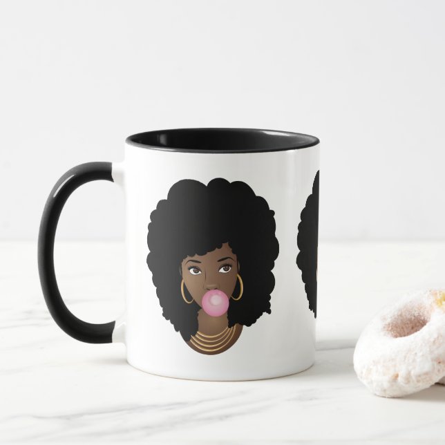 Mug Femme noire, Beautés des cheveux naturels, Fleur e (Avec donut)