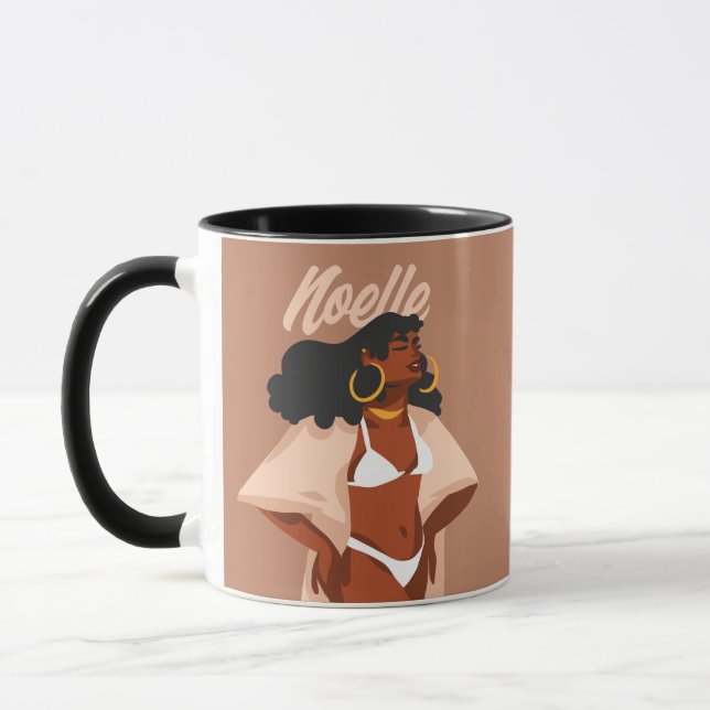 Mug Femme noire, Bikini blanc, Prêt plage (Gauche)