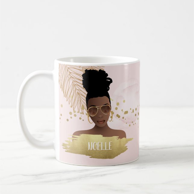 Mug Femme noire, Feuille d'or Tropicale & Nuances, Ros (Gauche)