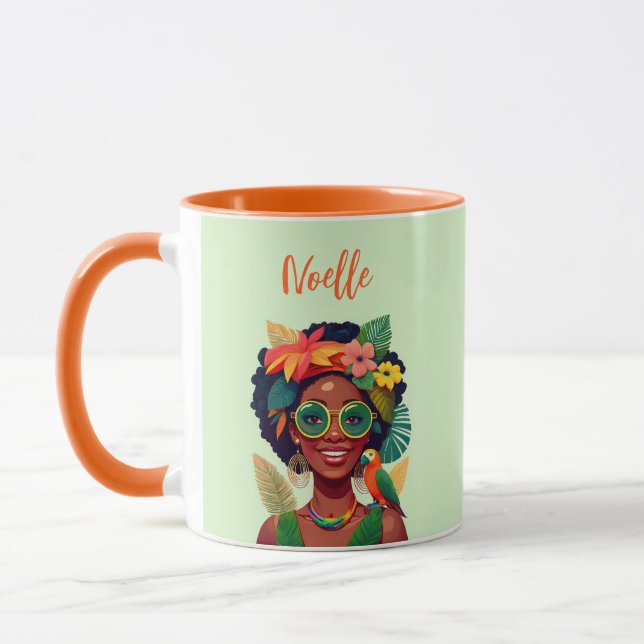 Mug Femme noire, fleurs tropicales et perroquet (Gauche)