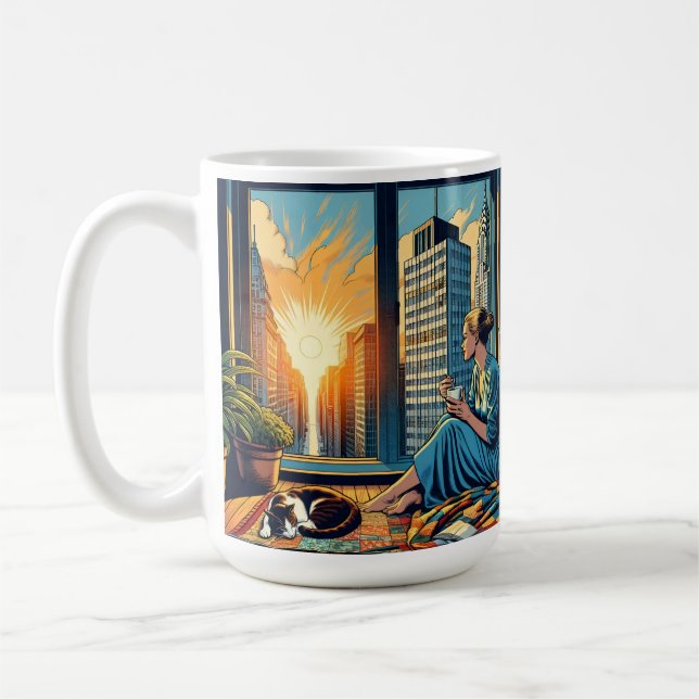 Mug Femme regardant le lever du soleil avec son chat (Gauche)