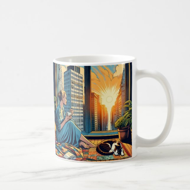 Mug Femme regardant le lever du soleil avec son chat (Droite)