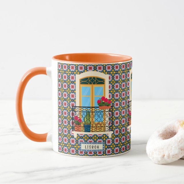 Mug Fenêtre de la maison de Lisbonne avec plantes et c (Avec donut)