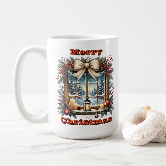 Mug Fenêtre de Noël avec scène d'hiver (Avec donut)
