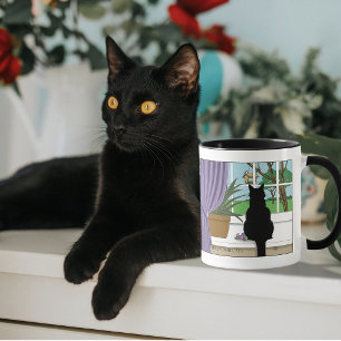 Mug Fenêtre pour chat noir vert humoristique curieux 