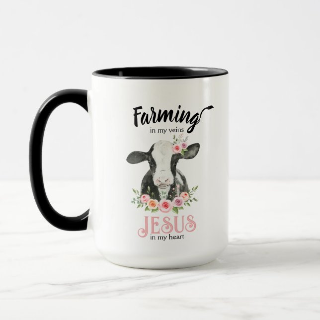 Mug Ferme de vache florale rose et café Jésus (Gauche)