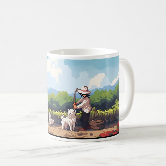 Mug Fermier, Chien Et Ferme En Pixel (Devant droit)