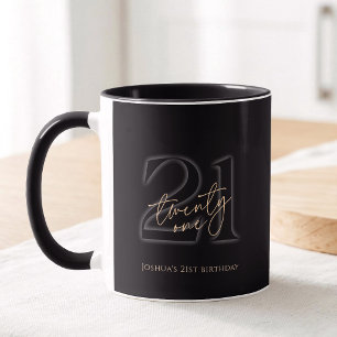 Mug Fête d'anniversaire moderne noire et dorée pour 21