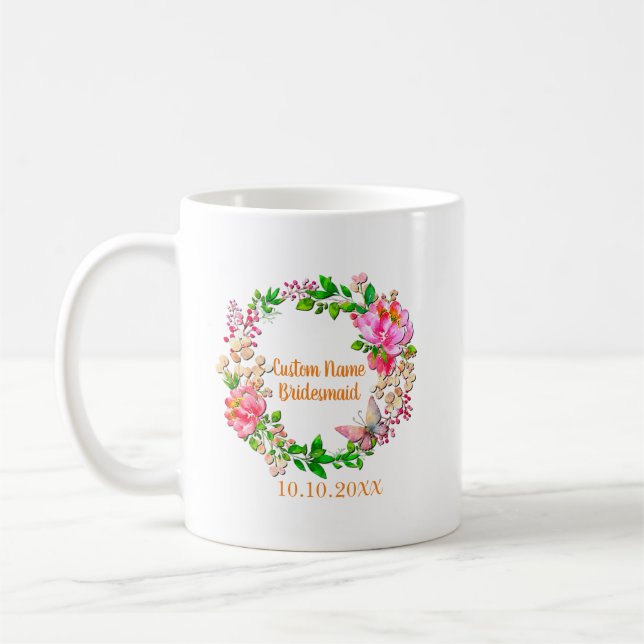 Mug Fête de mariage fleurie rose couronne personnalisé (Gauche)