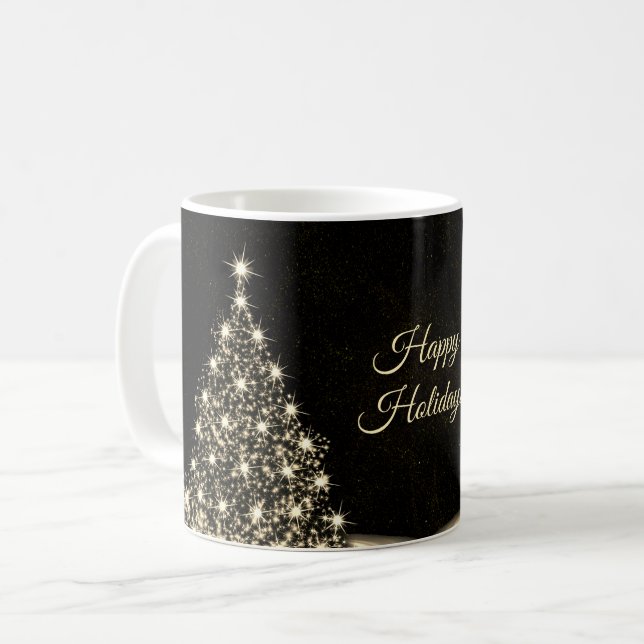 Mug Fête de Noël Arbre brillant doré hiver noir (Devant gauche)