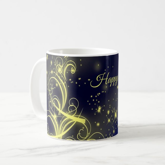 Mug Fête de Noël Arbre d'or Étoiles Marine Fêtes Bleue (Devant gauche)