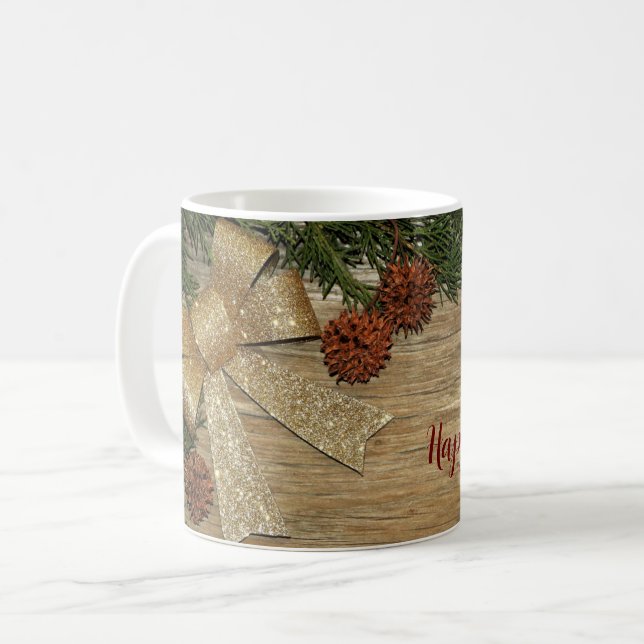Mug Fête de Noël Golden Green Feuilles Rouge Russe (Devant gauche)