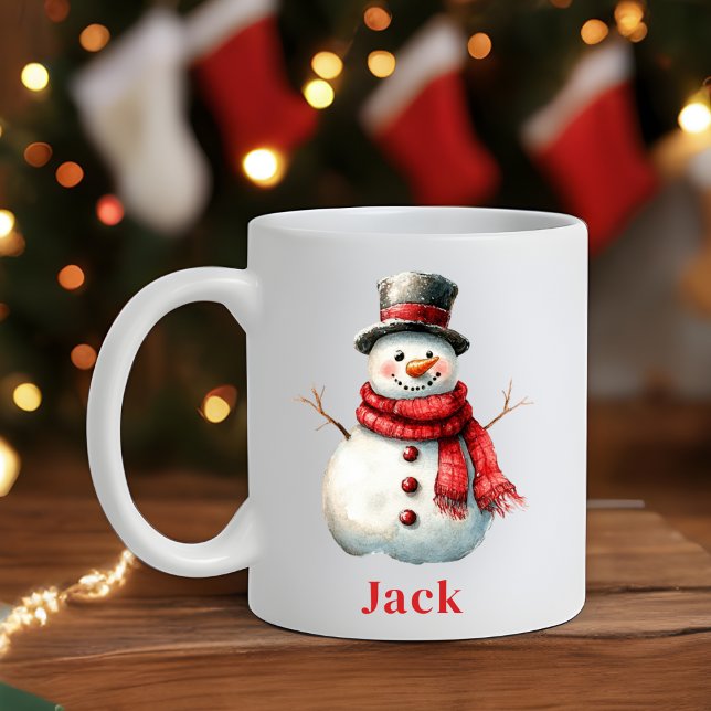 Mug Fête de Noël personnalisée Rouges Snowman (Personalised Christmas Festive Red Scarf Snowman Coffee Mug)