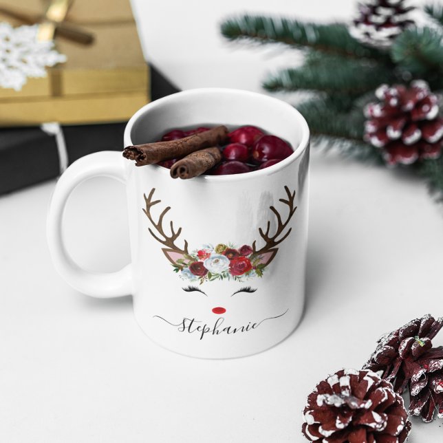 Mug Fête de Noël Reindeer Floral Personnalisé (Christmas Holiday Reindeer Floral Personalized Coffee Mug)