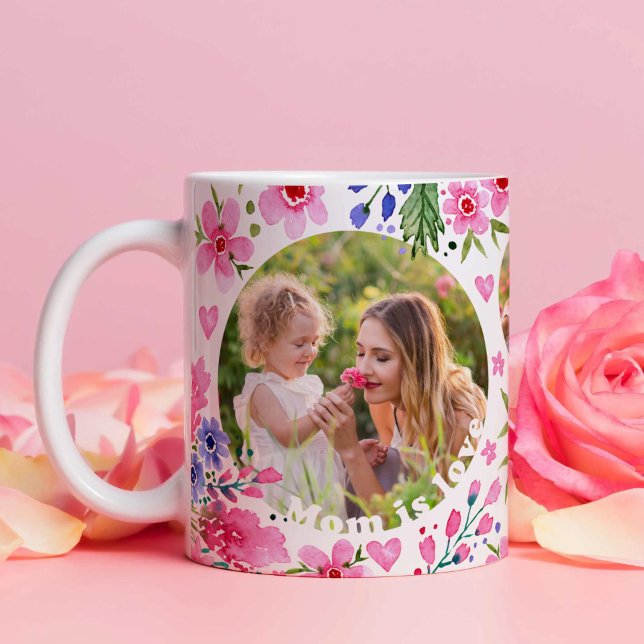 Mug Fête des mères photo Keepsaké aquarelle Flores ros (Mothers Day Photo Keepsake Watercolor Florals Pink Coffee Mug)