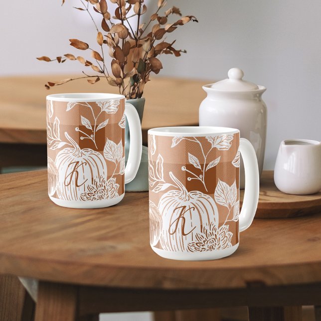 Mug Feuillage Automne Fleurs Automnes & Citrouille Ora (Fall Foliage Autumn Flowers & Pumpkin Orange Plaid Coffee Mug)