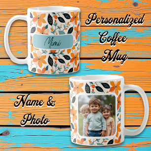 Mug Feuillage et fleurs orange et bleu Personnalisé