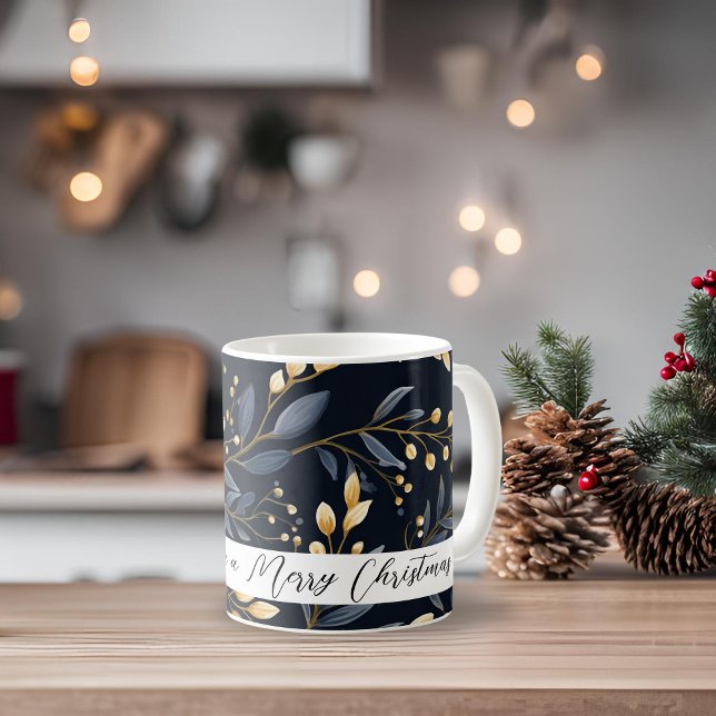 Mug Feuille de Noël bleu et or moderne (Gold and Blue Leaf Merry Christmas Coffee Mug)