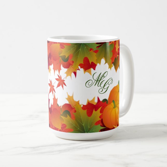 Mug Feuilles d'automne colorées et Monogramme Citrouil (Devant droit)