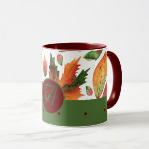 Mug Feuilles d'automne monogrammes Automne Rouge Vert 
