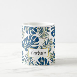 Mug Feuilles tropicaux bleu et or classique et nom