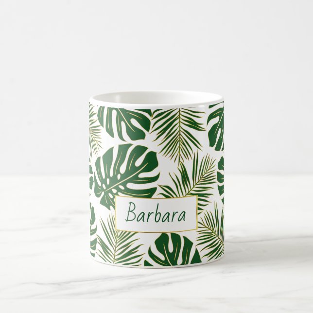 Mug Feuilles tropicaux vert et or et nom (Centre)
