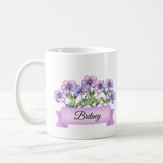 Mug Février Fleur de naissance Violet personnalisé (Gauche)