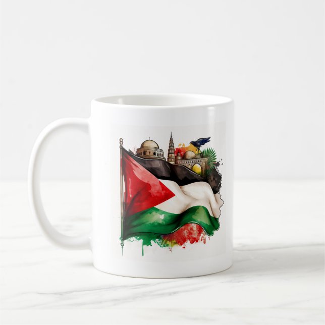 Mug Fierté palestinienne avec drapeau et monuments (Gauche)
