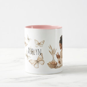 Mug Fille aux Cheveux Noirs Œufs de Pâques Papillons