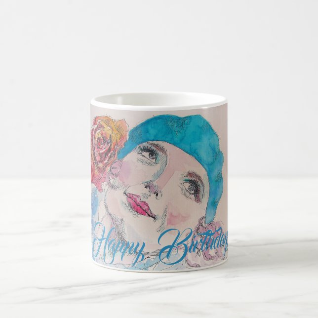 Mug Fille avec Red Rose Beret Watercolor Carte d'anniv (Centre)