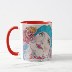 Mug Fille avec Rose Rouge Beret Aquarelle Florale Fleu