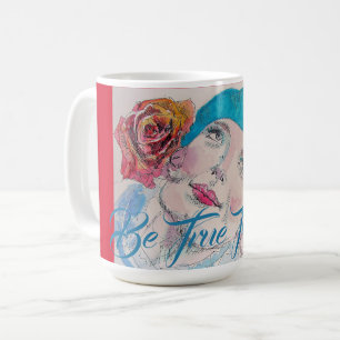 Mug Fille avec Rose Rouge Beret Aquarelle Soyez Vrai P
