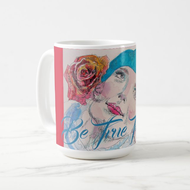 Mug Fille avec Rose Rouge Beret Aquarelle Soyez Vrai P (Devant gauche)