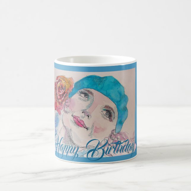 Mug Fille avec Rouge Rose Beret Aquarelle Anniversaire (Centre)