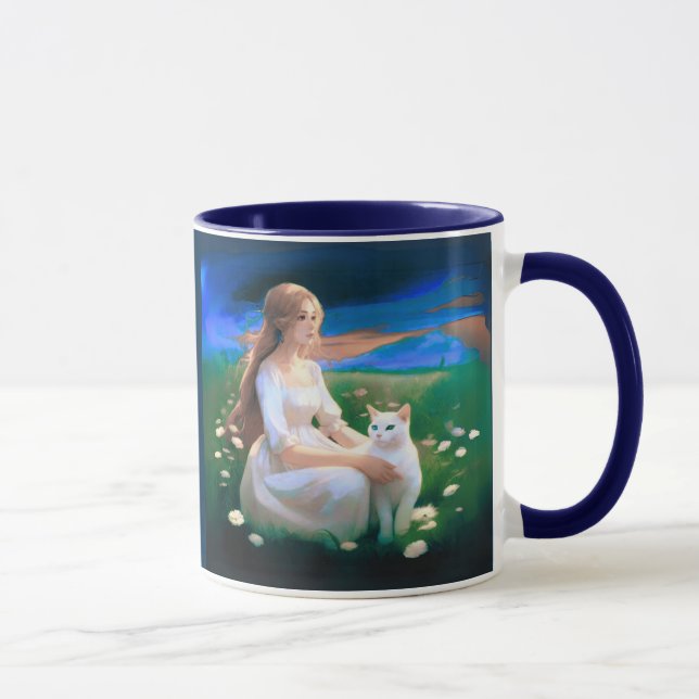 Mug Fille avec un chat dans une prairie au crépuscule (Droite)