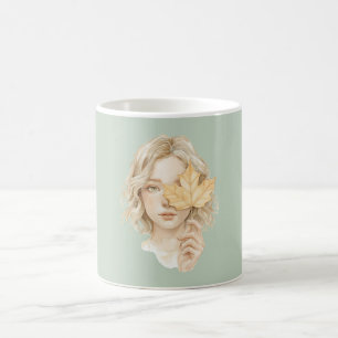Mug Fille Blonde Verte Feuille Jaune Automne