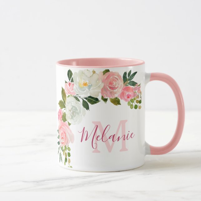 Mug Fille Blush rose et blanc Roses Nom Monogramme (Droite)