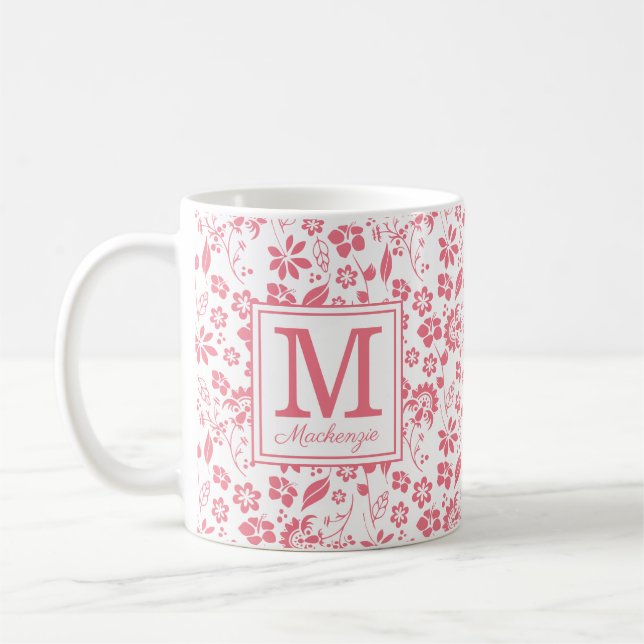 Mug Fille Blush rose Fleurs tropicales Monogramme (Gauche)
