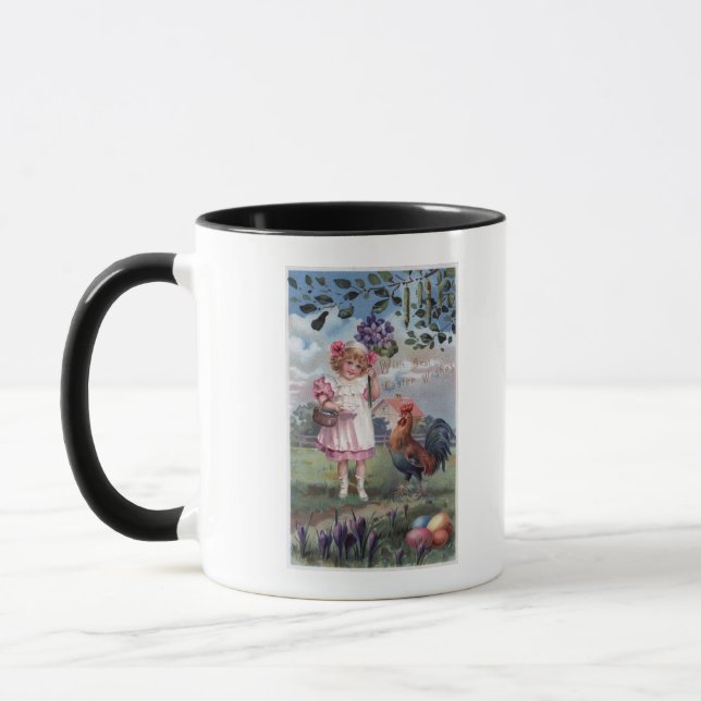 Mug Fille en rose tenant des fleurs violettes (Gauche)