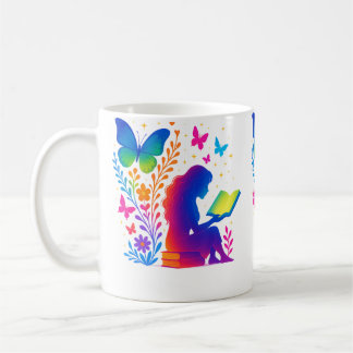 Mug Fille lisant un livre floral coloré papillon fanta