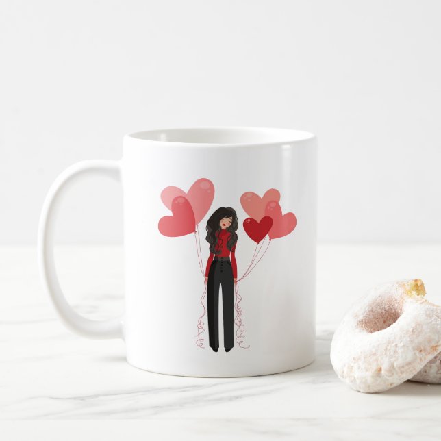 Mug Fille rose mignonne avec ballons cardiaques (Avec donut)