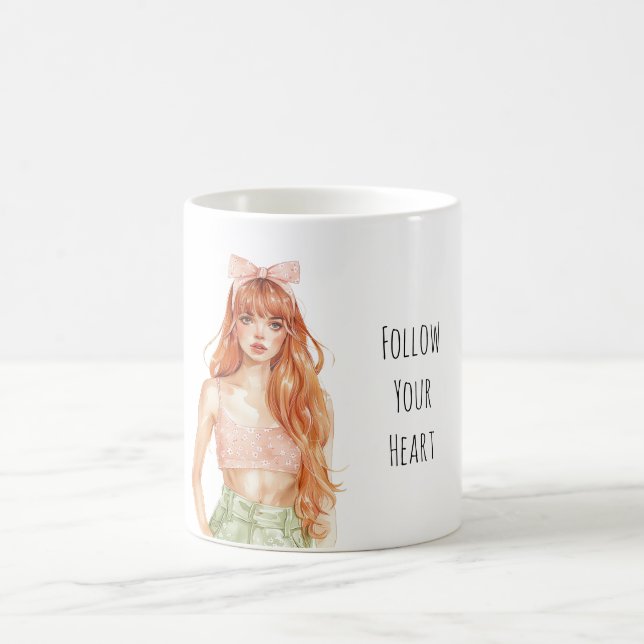 Mug Fille rousse ruban rose (Centre)