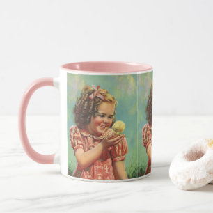 Mug Fille Vintage avec poussin, enfant heureux sourian