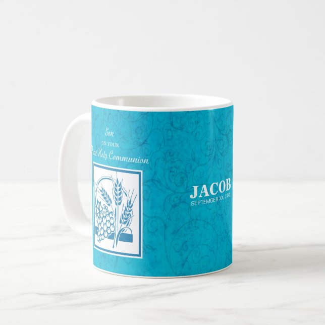 Mug Fils, Première Communion, Blé, Raisins Bleu (Devant gauche)
