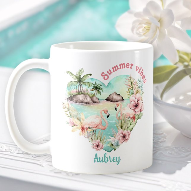 Mug Flamant rose Coeur d'été Tropical Nom personnalisé (Flamingo Summer Heart Tropical Personalized Name Coffee Mug)