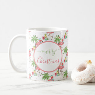 Mug Flamant rose de Noël rose tropical Bleu Santa Chap