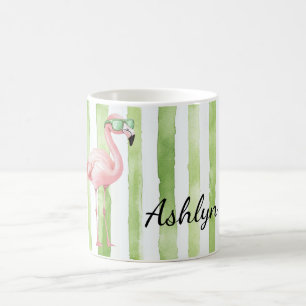 Mug Flamant rose Green Pink Stripes Anniversaire