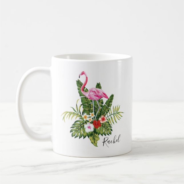 Mug Flamant rose tropical personnalisé Floral (Gauche)